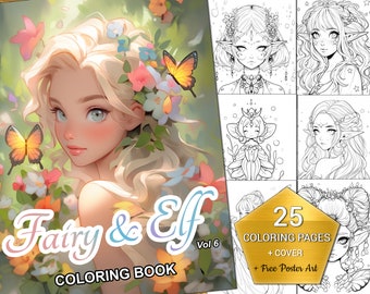 Fairy and Elf Coloring Book Vol 6 - Instant Download with Free Poster Art, Printable Fantasy Line Art for Kids and Adults, 25 Illustrations