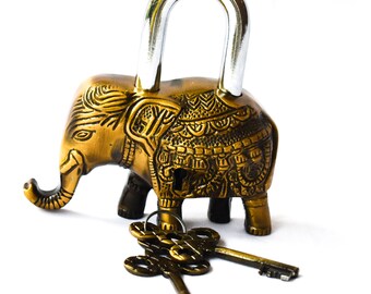 Rare Good Luck Elephant Heavy Brass Padlock Home Security Lock Functional 2 keys 