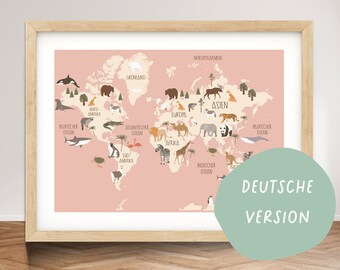 Weltkarte für das Kinderzimmer mit Tieren in deutsch, rosa Hintergrund, kostenloser Versand, Poster, Wanddeko, Kinderweltkarte