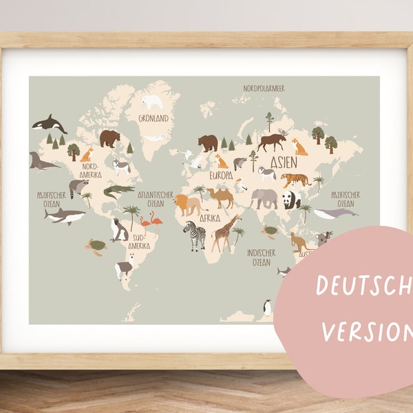 Weltkarte für das Kinderzimmer mit Tieren in deutsch, kostenloser Versand, Poster, Wanddeko, Kinderweltkarte