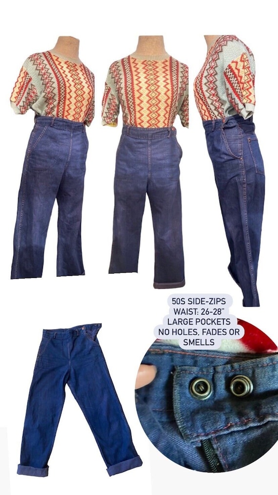 50s 40s Denim Pants, Side Zipper, Work Pants, Western Pants
