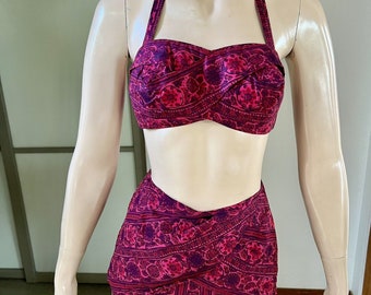 Costume da bagno bikini tiki anni '50 rosa e nero astratto set 2 pezzi