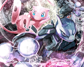 Mew & Mewtwo Art Print - 11 x 17