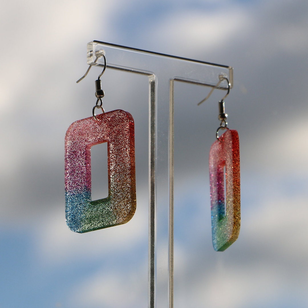 Rainbow Glitter Rounded Rectangle Resin Earrings - Etsy