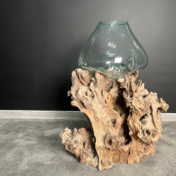 Vase en verre soufflé dans une racine de bois