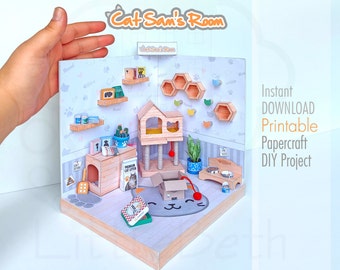 DIY Miniatur druckbare Katze Sams Zimmer Box, Puppenhaus, Diorama Papier Handwerk Digital Kit. PDF Digitaler Download. Anleitung & Video Tutorials.