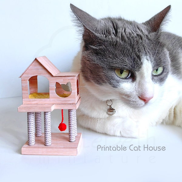 Dollhouse Cat House, Miniature scale 1:12. Digital Template PDF files , instant download papercraft DIY project.