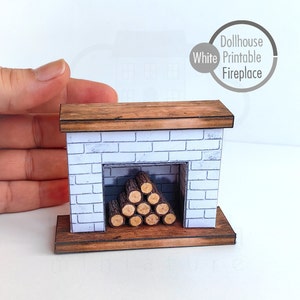 Druckbare Miniaturen Weißer Kamin mit Brennholz für das Puppenhaus. Digitaler DOWNLOAD. Für A4 Papierbögen PDF Vorlage & Instruktionsvideo.