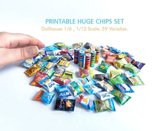 Paquete de chips imprimibles en miniatura de 59 estilos. DIY Dollhouse comestibles, cocina Escala 1I6 y 1I12. DESCARGA PDF Digital. Con vídeotutorial.