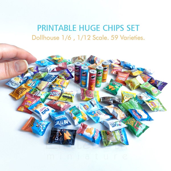 59 Style Miniature Printable Chips Package. DIY Dollhouse grocery, kitchen 1I6 and 1I12 Scale. PDF Digital DOWNLOAD. With Video Tutorial.