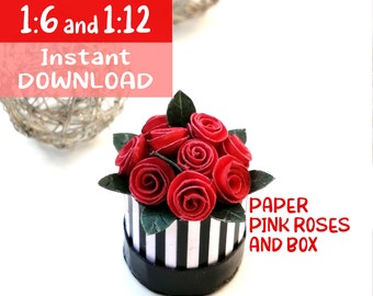 Dollhouse Paper, Red Roses with Box. 1/6 and 1/12 Miniature plant for INSTANT DOWNLOAD. Printable Digital Template PDF files.