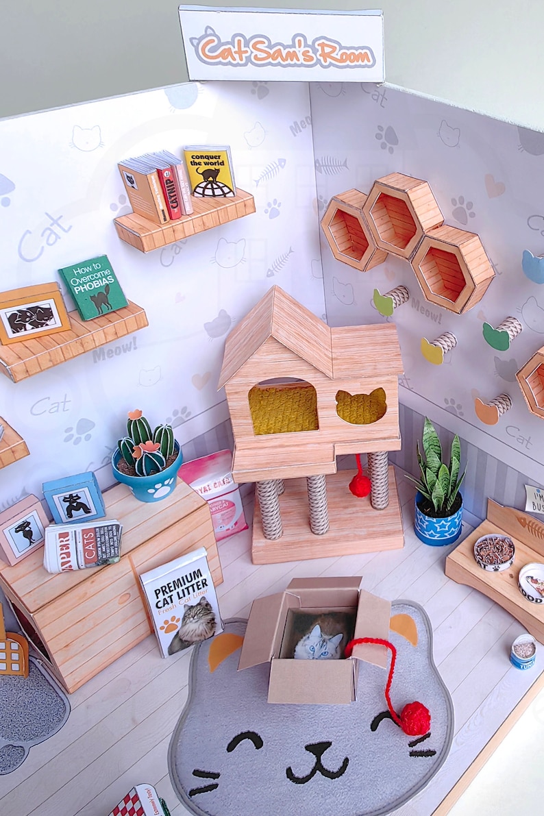 Miniature Downloadable Rolife Cat Sam's Room for Dollhouse. Kit Printable Digital DIY Paper Craft  PDF Instant Download.