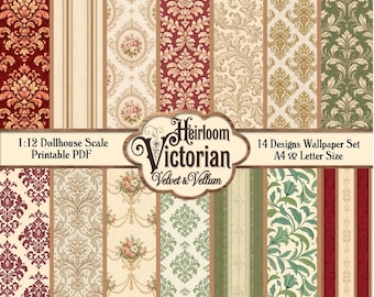 Descarga de fondo de pantalla de casa de muñecas victoriana, miniatura imprimible a escala 1:12, 14 reliquias vintage en PDF