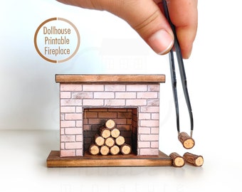 Dollhouse Fireplace Printable Miniature with Firewood (PDF Download)