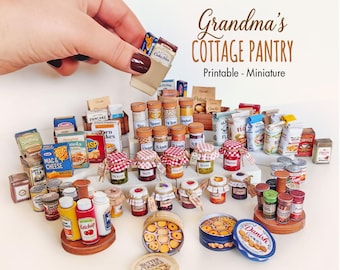 Juego de comida para cocina de casa de muñecas, 1:12 Despensa de la cabaña de la abuela Miniaturas imprimibles para armar 87 piezas.