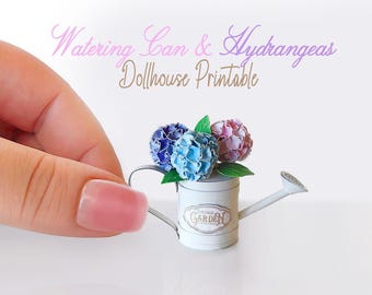 DIY Printable Miniature Flowers Hydrangeas and  Watering Can for Dollhouse | Digital PDF
