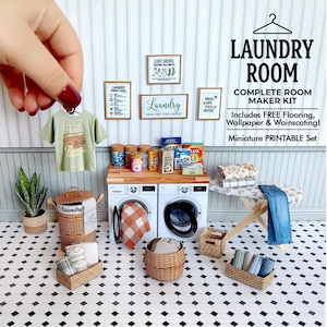 May include: A miniature laundry room set, featuring a washing machine, ironing board, and laundry accessories. The scene includes a small green t-shirt, baskets, and signs. The text "LAUNDRY ROOM" is displayed prominently.