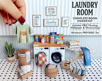 Conjunto de accesorios para lavadora y lavadero en miniatura para casa de muñecas (DIY) en formato PDF.
