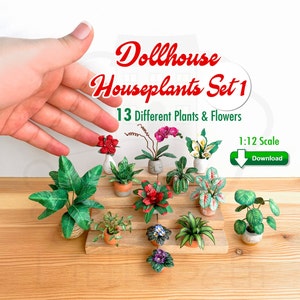 Puppenhaus Miniaturen Zimmerpflanzen Decor. 1:12 Maßstab. 13 verschiedene Blumen und Pflanzen aus Papier. Druckbare PDF-Dateien, sofortiger digitaler DOWNLOAD