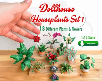 Dollhouse Miniatures Houseplants Decor. 1:12 Scale. 13 Different, Paper Craft Plants& Flowers. Printable PDF Files, Instant Digital DOWNLOAD