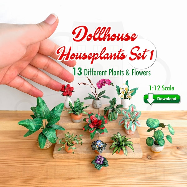 Dollhouse Miniatures Houseplants Decor. 1:12 Scale. 13 Different, Paper Craft Plants& Flowers. Printable PDF Files, Instant Digital DOWNLOAD