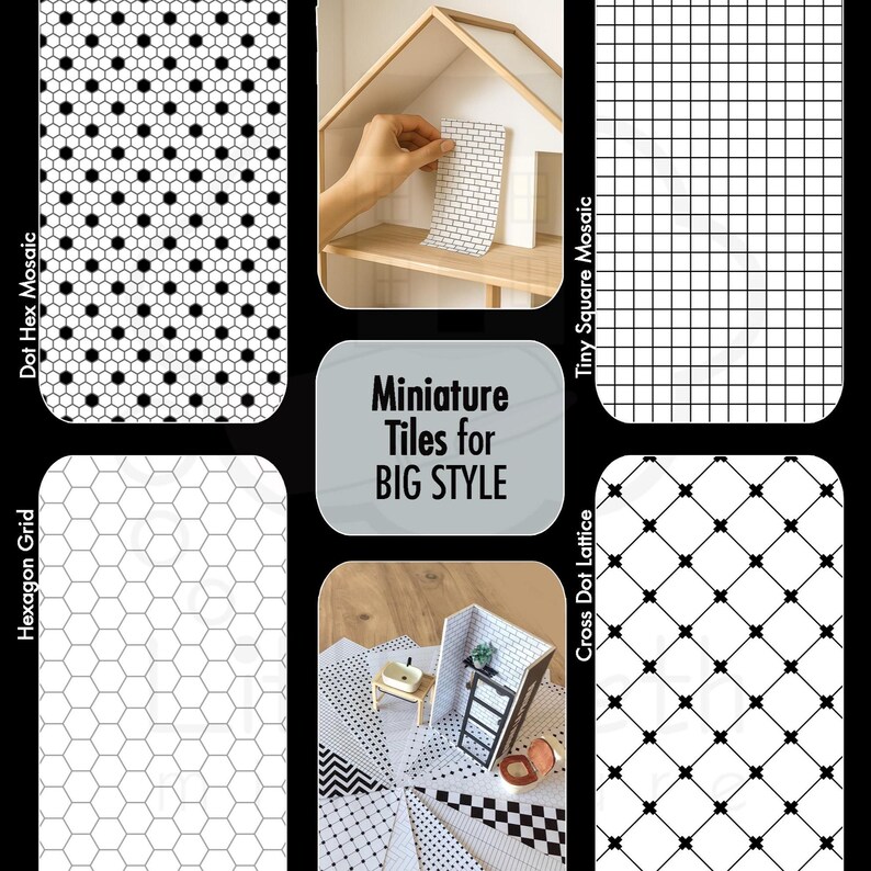 Tiling Pattern Labels 1:12 Scale Dollhouse Tile Set – Printable Black and White Miniature ...
