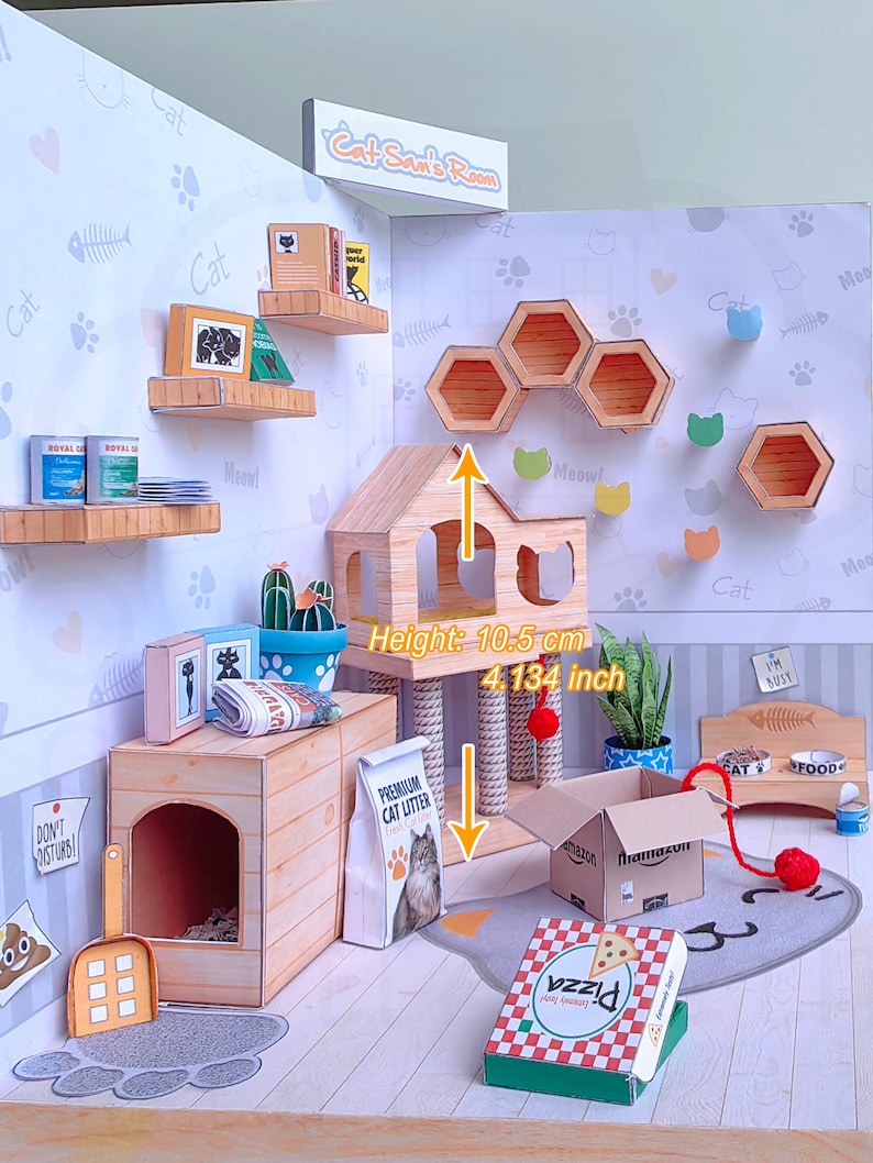 Miniature Downloadable Rolife Cat Sam's Room for Dollhouse. Kit Printable Digital DIY Paper Craft  PDF Instant Download.