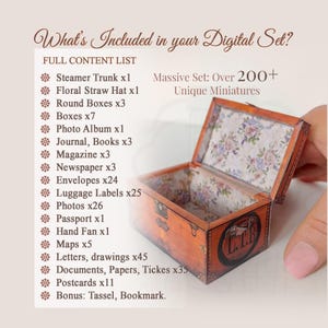 1:12 scale Victorian dollhouse miniature ephemera and accessory set. This printable digital kit features a vintage steamer trunk, floral photo album, personal journal, and over 200 nostalgic paper treasures. Designed by LittleBethMiniature for vintage dollhouse collectors.