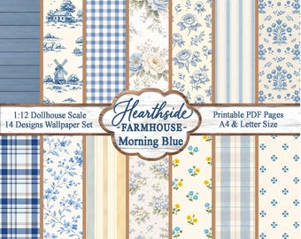 Carta da parati in miniatura per casa delle bambole in stile fattoria blu / Accogliente cottage / PDF stampabile in scala 1:12