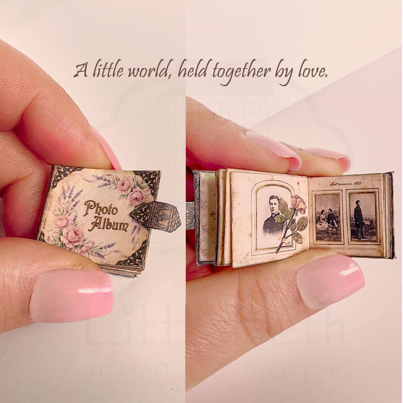 1:12 scale Victorian dollhouse miniature ephemera and accessory set. This printable digital kit features a vintage steamer trunk, floral photo album, personal journal, and over 200 nostalgic paper treasures. Designed by LittleBethMiniature for vintage dollhouse collectors.