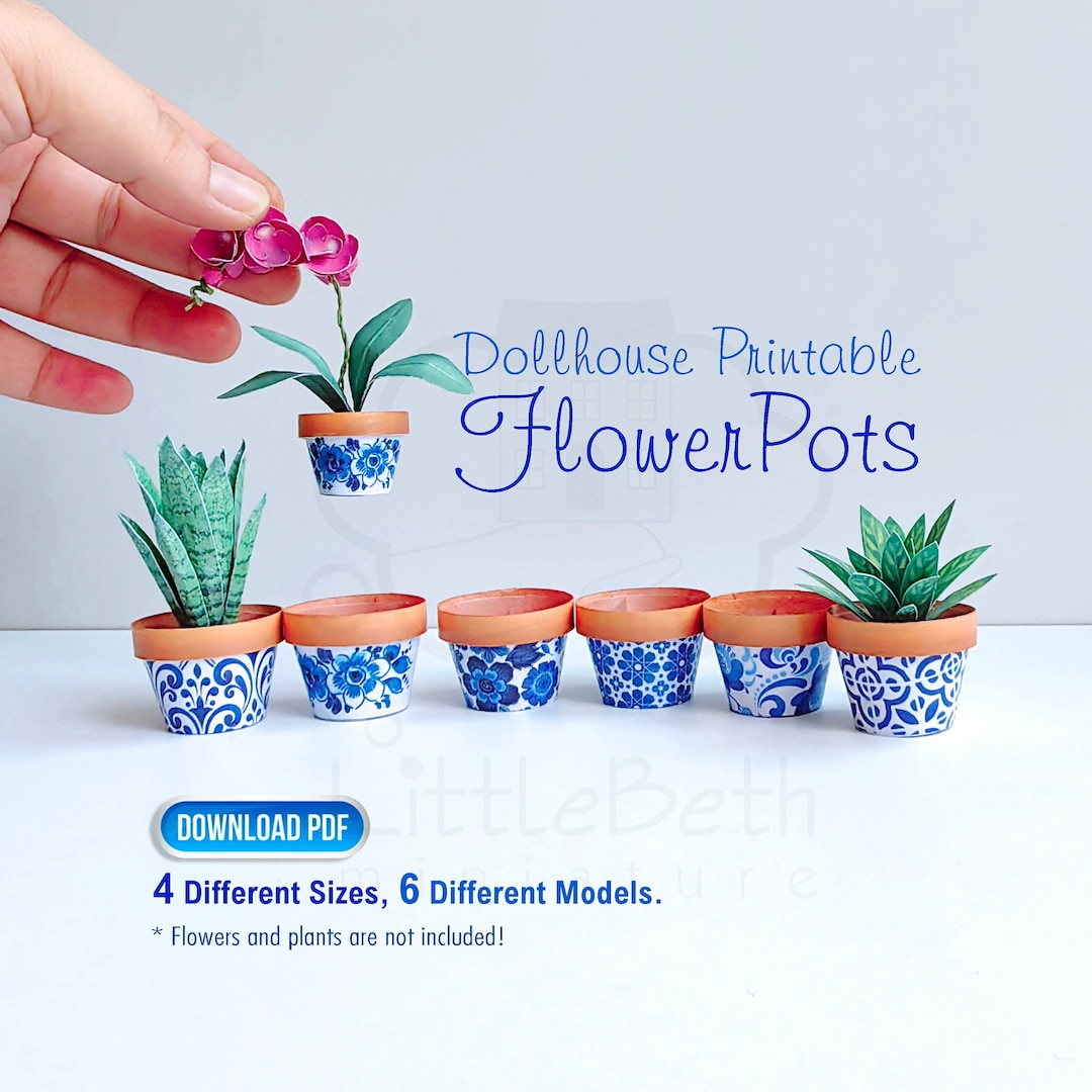 Miniature Dollhouse Flowerpots Blue, Printable. 6 Different Models , 4 ...