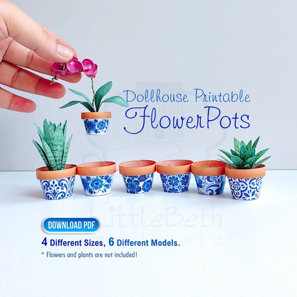 Miniature Dollhouse FlowerPots Blue, Printable. 6 different models , 4 Different Sizes, 1.6- 1.12-1.24 Scale. DOWNLOADABLE PDF Template.