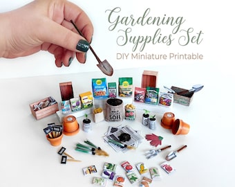 May include: A miniature gardening supplies set, including seed packets, potting soil, pots, and tools. The set features the text "Gardening Supplies Set" and "DIY Miniature Printable". The items are arranged on a white surface.