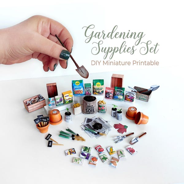 Kit de jardinería en miniatura para hacer tú mismo: accesorios imprimibles para casa de muñecas (PDF, escala 1:12)