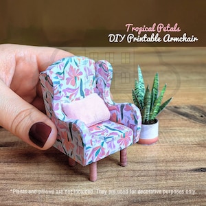 Printable Dollhouse Armchair | Tropical Petals Pattern | DIY 1:12 Scale Miniature Furniture PDF Template and Video Tutorial.