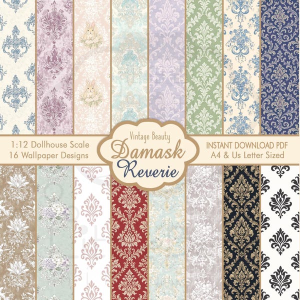 Damask Miniature Wallpaper | 1:12 Scale Dollhouse Diorama Wall Panels | Printable PDF Set | A4 US Letter | DIY Room Decor Download Kit