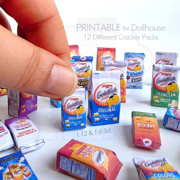 Miniature Food 12 Style Snack Packs, Fisch Cracker, DIY Dollhouse 1/6 | 1/12 skl. DRUCKBARE kleine Lebensmittel. PDF-Bögen Digitaler Download