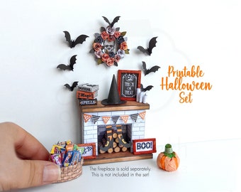 Ensemble de décorations d’Halloween miniatures imprimables. Dollhouse 1:12 Scale Candys, Basket, Snacks, Couronnes... Modèle PDF A4 et vidéo d'instructions.