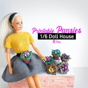 Miniature Plants Pansies Set, 1/6 Scale Printable Dollhouse Decor. 6 Different, Paper Craft Flowers PDF Template. Digital DOWNLOAD