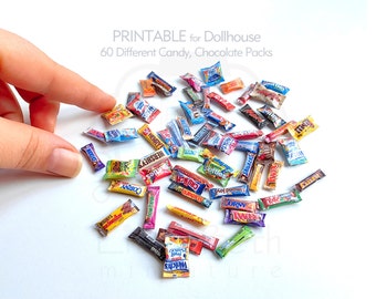 60 verschiedene Puppenhaus DIY Miniatur Candy Bar, Schokoladen Snack Pakete. DRUCKBARE A4-Blätter im Maßstab 1,12 und 1,6 DOWNLOAD.