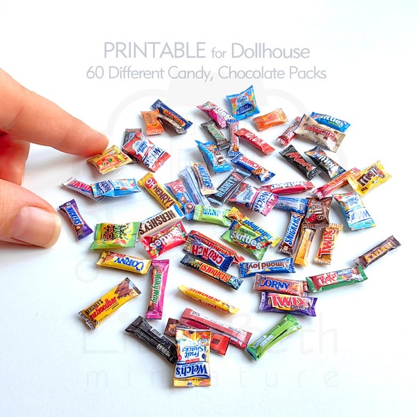 60 Different Dollhouse DIY Miniature Candy Bar, Chocolate Snack Packages. 1.12 and 1.6 Scale PRINTABLE Digital A4 Sheets DOWNLOAD.