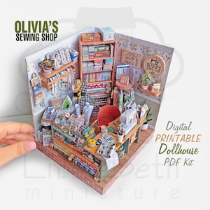 Druckbare Miniatur Olivia's Sewing Shop, Diorama Box| Puppenhaus Zubehör| 1:12 Maßstab Digitaler Download | DIY Projekt mit Anleitungen.