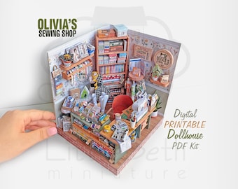 Printable Miniature Olivia&#39;s Sewing Shop, Room Diorama Box| Dollhouse Accessories| 1:12 Scale Digital Download | DIY Project with Tutorials.