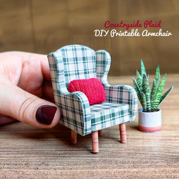 Miniature Dollhouse Printable Armchair | Countryside Plaid | 1:12 Scale Furniture  DIY Papercraft Project | PDF Template + Video Tutorial