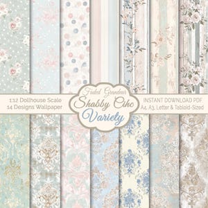 Papel tapiz para casa de muñecas, estilo shabby chic, miniaturas a escala 1:12, imprimibles, 14 estilos (A4, A3, Tabloide, Carta, PDF), decoración de dioramas vintage.