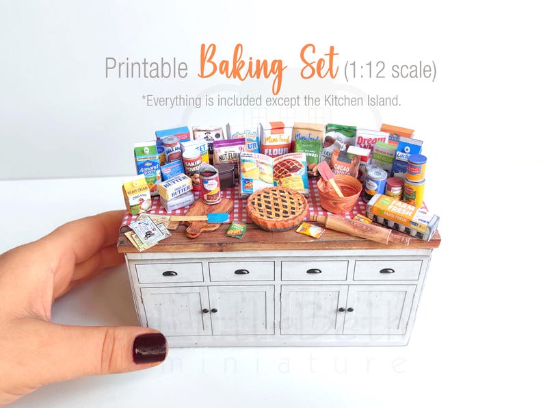 It is a Dollhouse Miniature Baking/ Cooking set that includes various items such as 45 different pieces Miniature Food, Mini Grocery boxes, Cooking Ingredients, Kitchenware, Recipes and Cookbook. Download PDF printables and get started making.