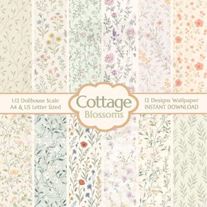 Cottagecore Floral Miniatur Tapete | 1:12 Maßstab Puppenhaus Wanddekoration | Druckbare PDF-Blätter | A4 & Letter Format | 12 Designs zum Selberbasteln