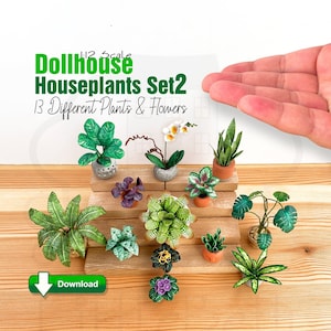 Puppenhaus Miniatur Pflanzen für 1/12. 13 verschiedene dekorative Papierpflanzen & Blumen. DOWNLOAD Digitale, druckbare PDF-Vorlage.