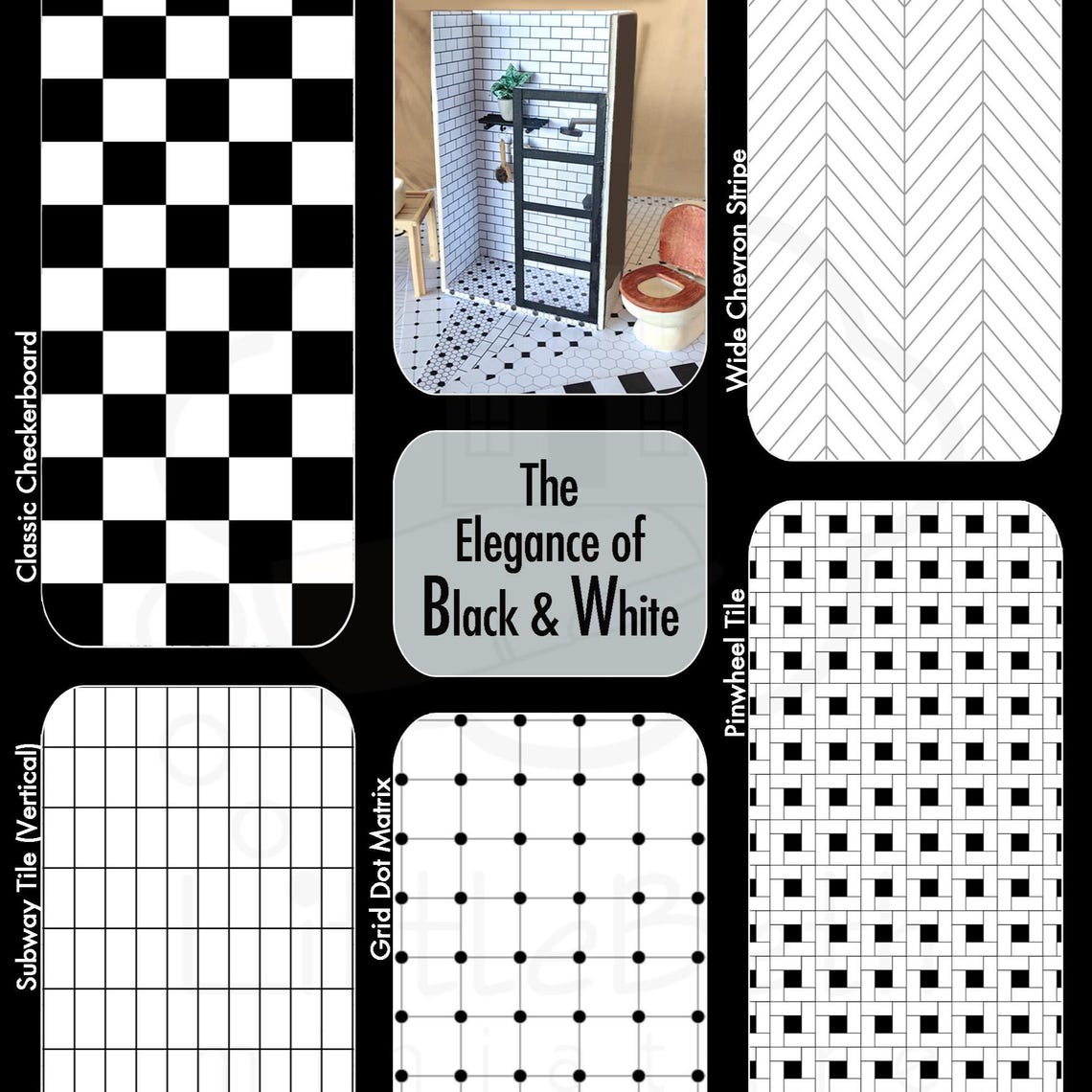 1:12 Scale Dollhouse Tile Set – Printable Black and White Miniature ...