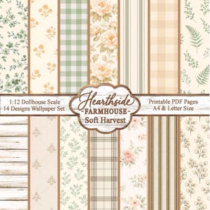 Peut inclure: Un ensemble de 14 modèles de papier peint à l'échelle de maison de poupée, avec des motifs floraux, à carreaux et à rayures dans des couleurs douces comme le crème, le vert et le pêche. L'ensemble est intitulé "Hearthside - Farmhouse - Soft Harvest".